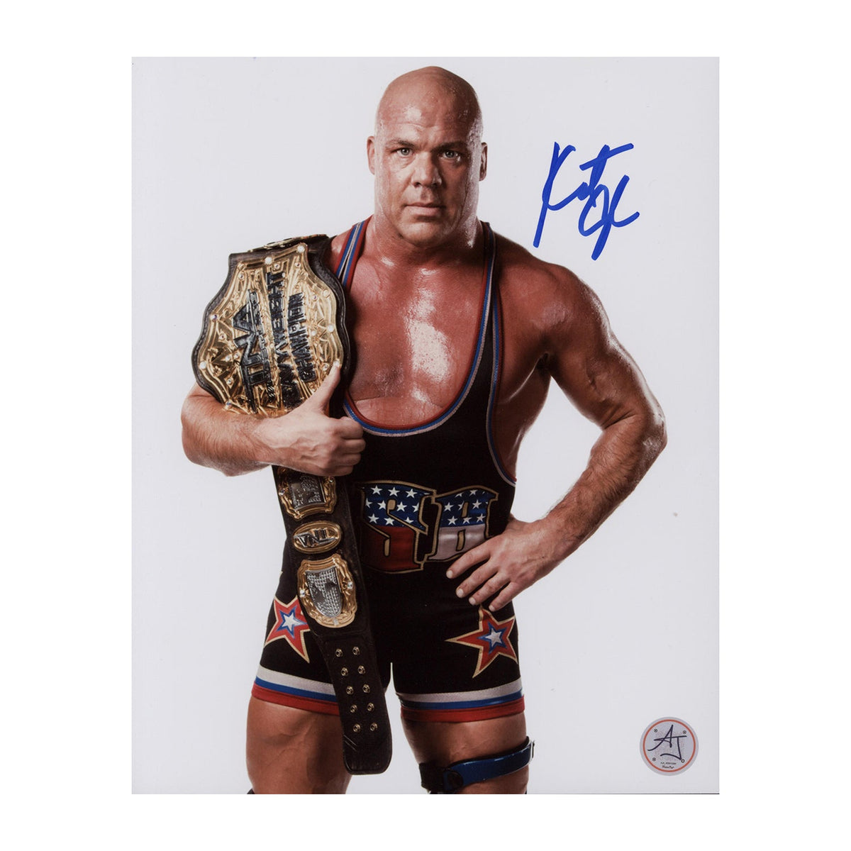 Kurt Angle Autographed Wrestling Championship Belt 8x10 Photo product image 1, provided for visual reference and product
