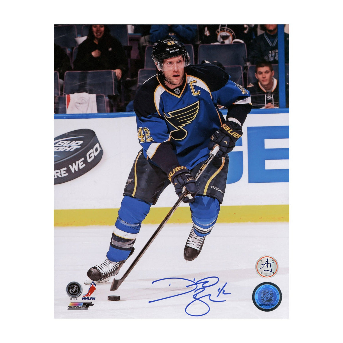 David Backes Autographed St Louis Blues Captain 8x10 Photo product image 1, provided for visual reference and product detail