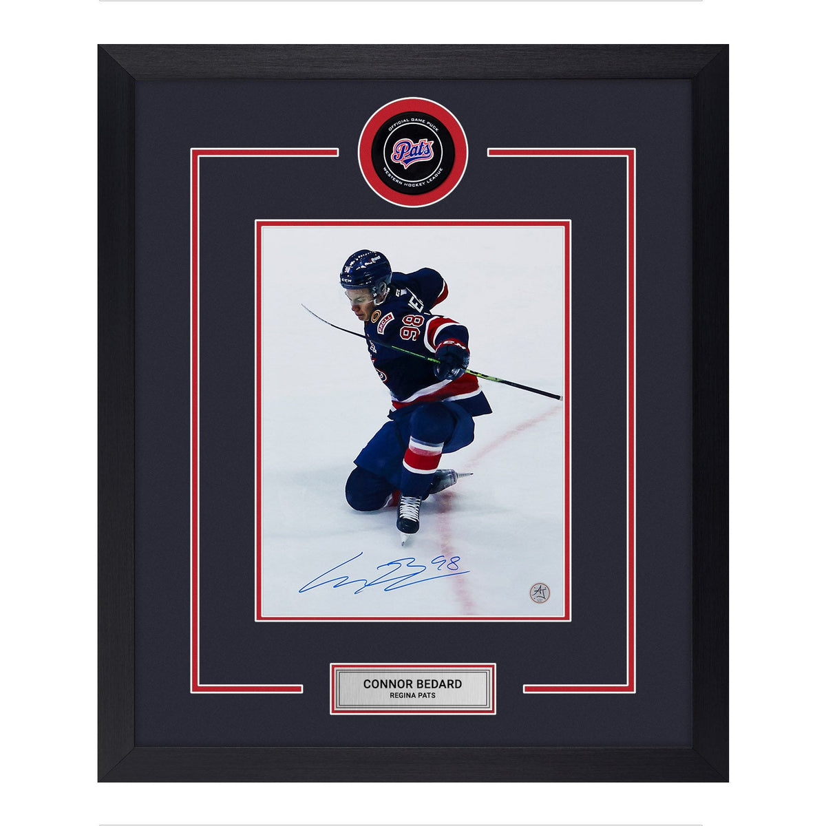 Connor Bedard Autographed Regina Pats Puck Logo 23x27 Frame product image 1, provided for visual reference and product