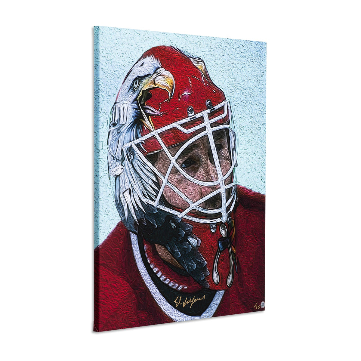 Ed Belfour Autographed Chicago Eagle Mask Portrait 26x32 Art Canvas #/30 product image 1, provided for visual reference and