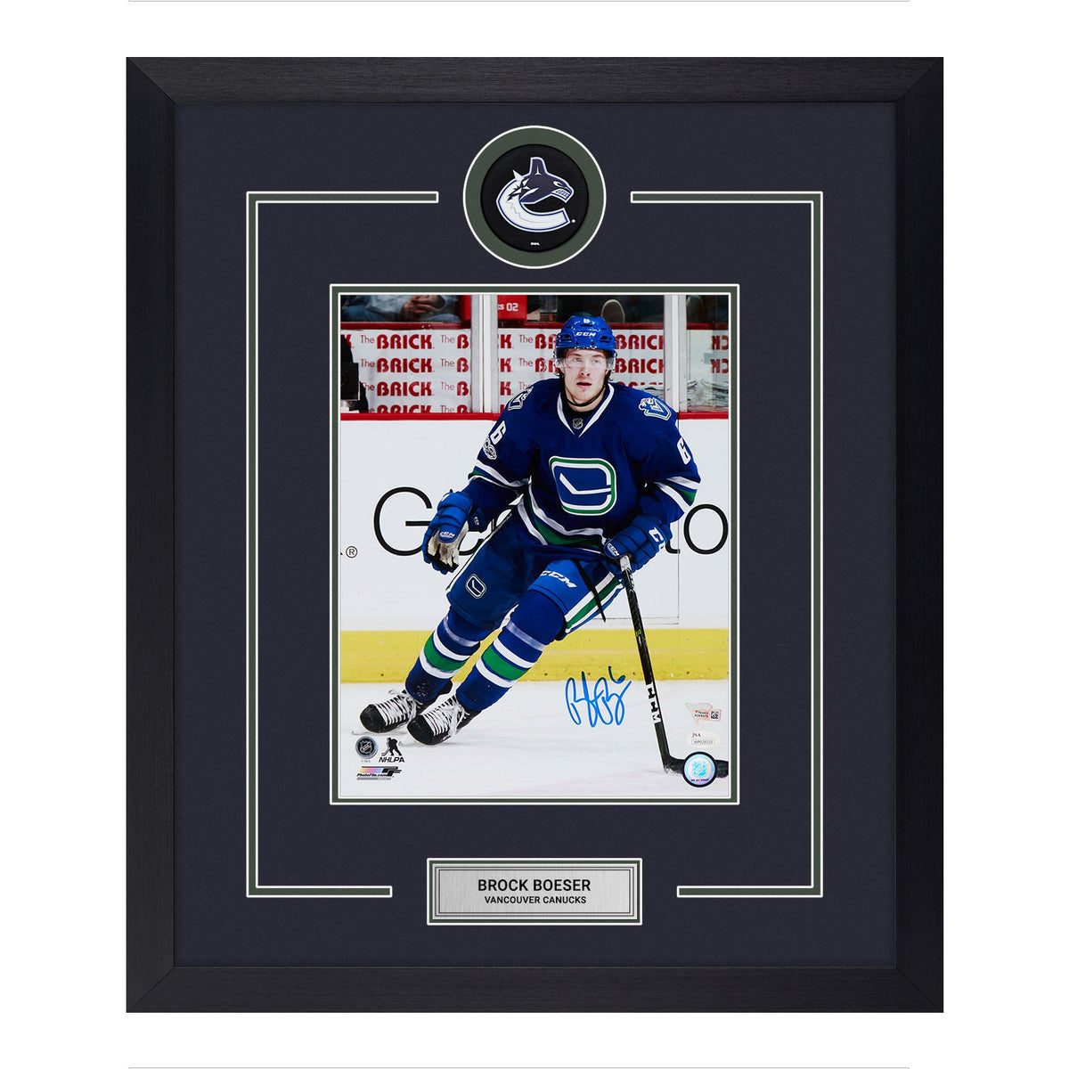 Brock Boeser Signed Vancouver Canucks Puck Logo 23x27 Frame product image 1, provided for visual reference and product