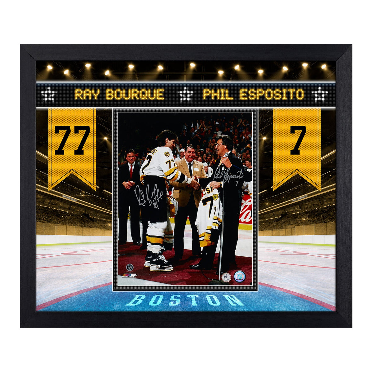 Ray Bourque & Phil Esposito Dual Signed Boston Bruins Legends 23x27 Frame product image 1, provided for visual reference and