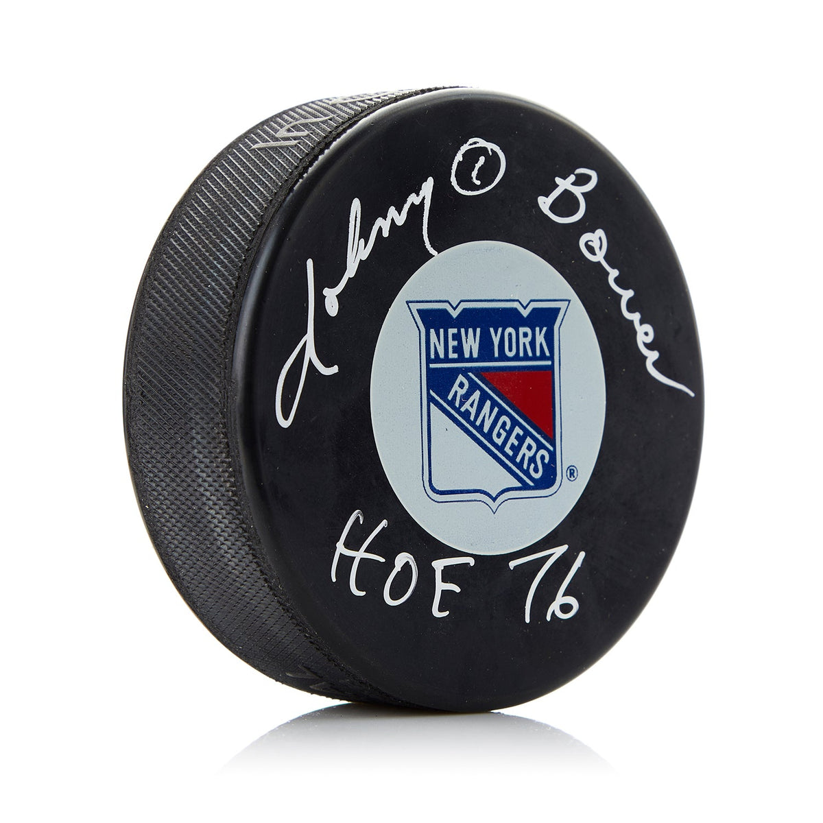 Johnny Bower Autographed New York Rangers Hockey Puck with HOF Note product image 1, provided for visual reference and