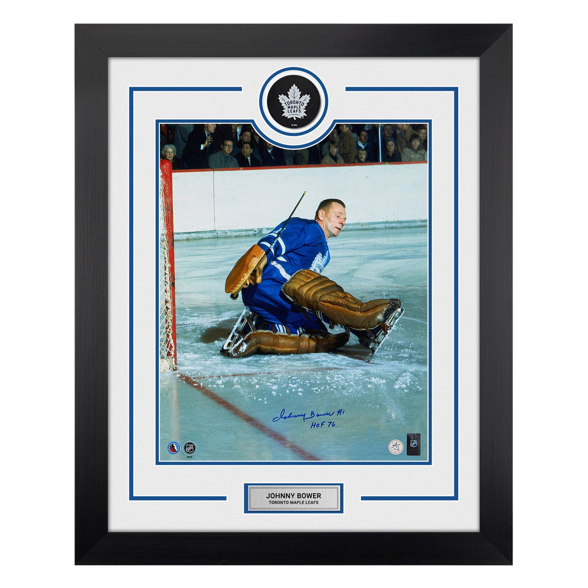 Johnny Bower Signed Toronto Maple Leafs Puck Logo 26x32 Frame product image 1, provided for visual reference and product