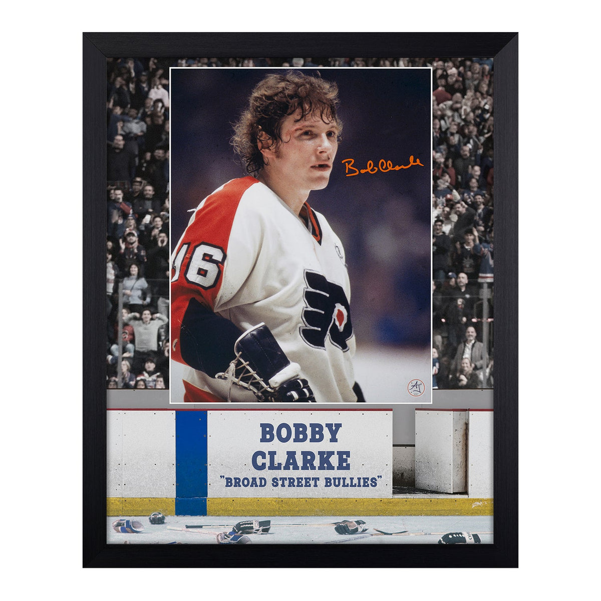 Bobby Clarke Autographed Philadelphia Flyers Hockey Warrior 19x23 Frame product image 1, provided for visual reference and