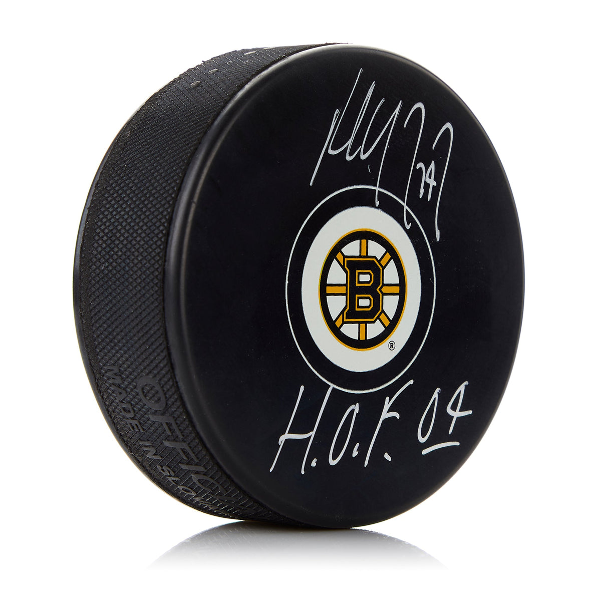 Paul Coffey Signed Boston Bruins Hockey Puck with HOF Note product image 1, provided for visual reference and product detail
