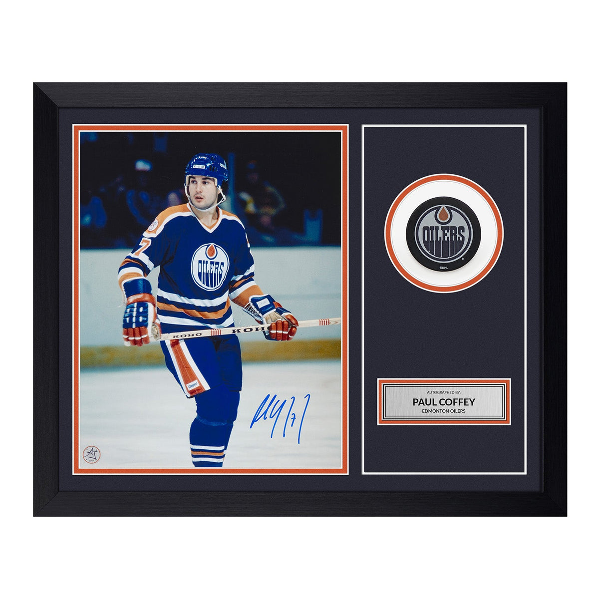 Paul Coffey Signed Edmonton Oilers Puck Logo 19x23 Frame product image 1, provided for visual reference and product detail