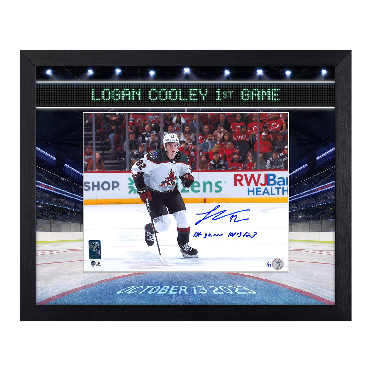 Logan Cooley Arizona Coyotes Signed & Dated 1st Game Graphic 19x23 Frame /92 product image 1, provided for visual reference