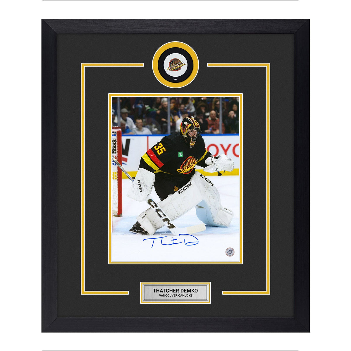 Thatcher Demko Autographed Vancouver Canucks Puck Logo 23x27 Frame product image 1, provided for visual reference and