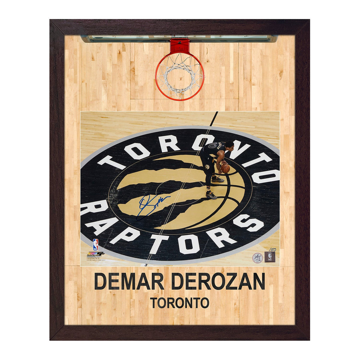 DeMar DeRozan Signed Toronto Raptors Aerial Hoop Graphic 19x23 Frame product image 1, provided for visual reference and