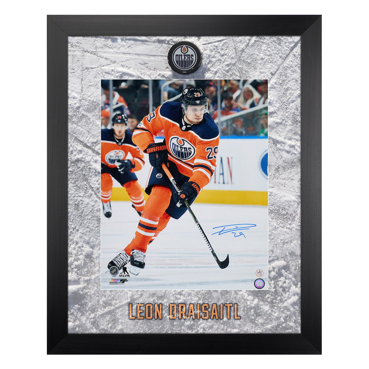 Leon Draisaitl Autographed Edmonton Oilers Hockey Etched Ice 26x32 Frame product image 1, provided for visual reference and