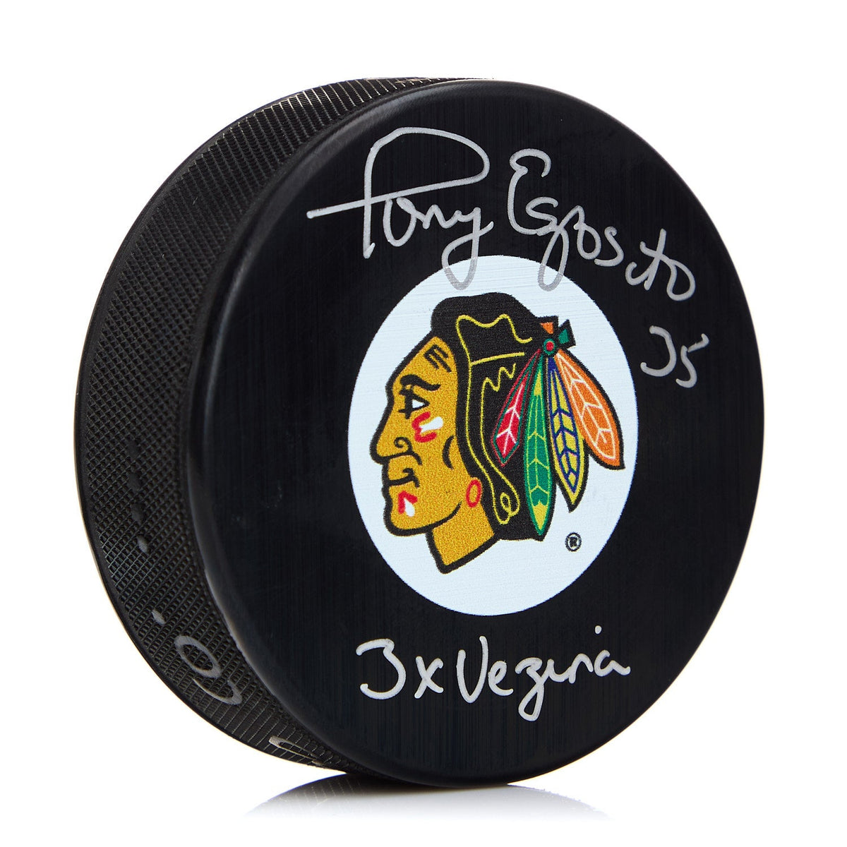 Tony Esposito Chicago Blackhawks Signed Hockey Puck with 3 x Vezina Note product image 1, provided for visual reference and