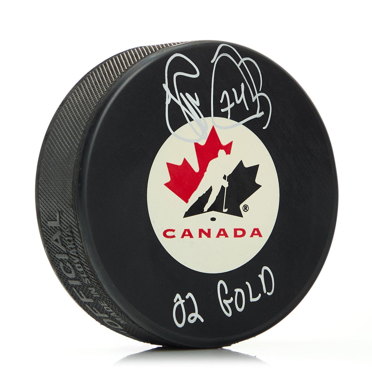 Theo Fleury Signed Team Canada Hockey Canada Puck with 02 Gold Note product image 1, provided for visual reference and