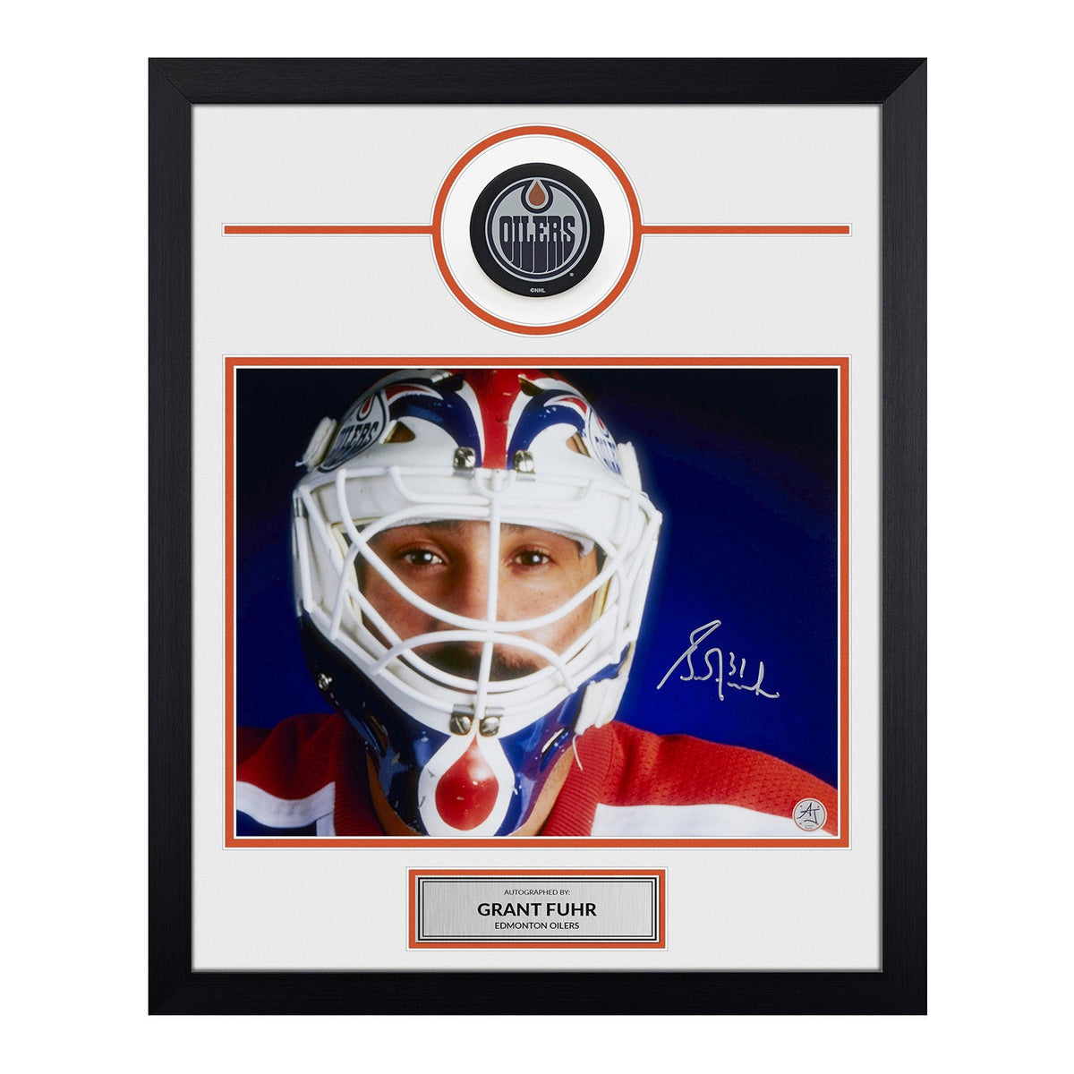 Grant Fuhr Signed Edmonton Oilers Puck Logo 19x23 Frame product image 1, provided for visual reference and product detail