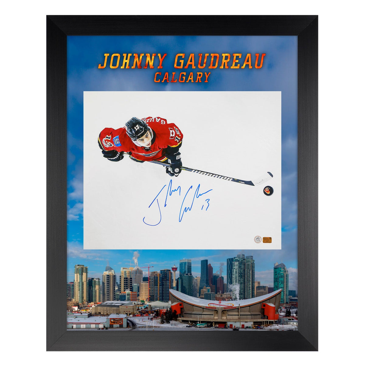 Johnny Gaudreau Signed Calgary Flames City Skyline 26x32 Frame product image 1, provided for visual reference and product