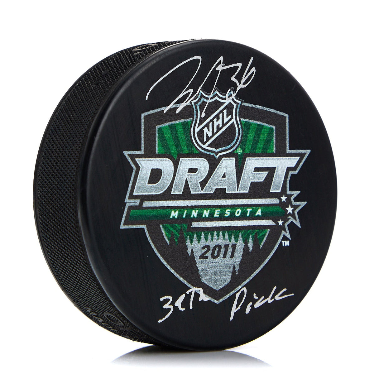 John Gibson Signed 2011 NHL Entry Draft Puck with 39th Pick Note product image 1, provided for visual reference and product