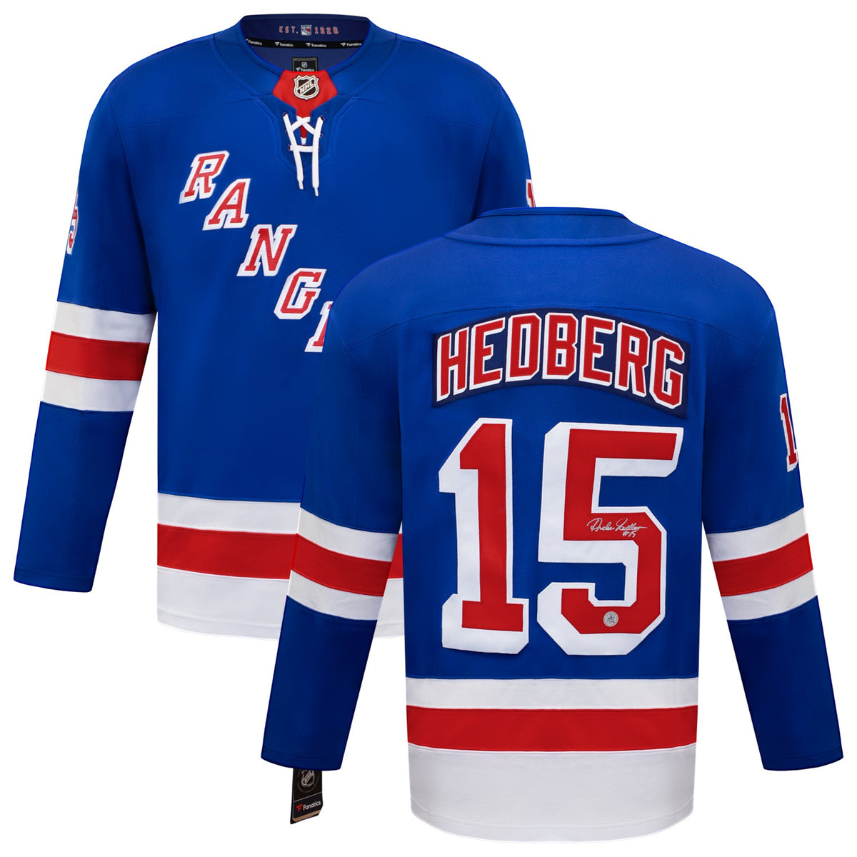 Anders Hedberg Autographed New York Rangers Blue Fanatics Breakaway Jersey product image 3, provided for visual reference