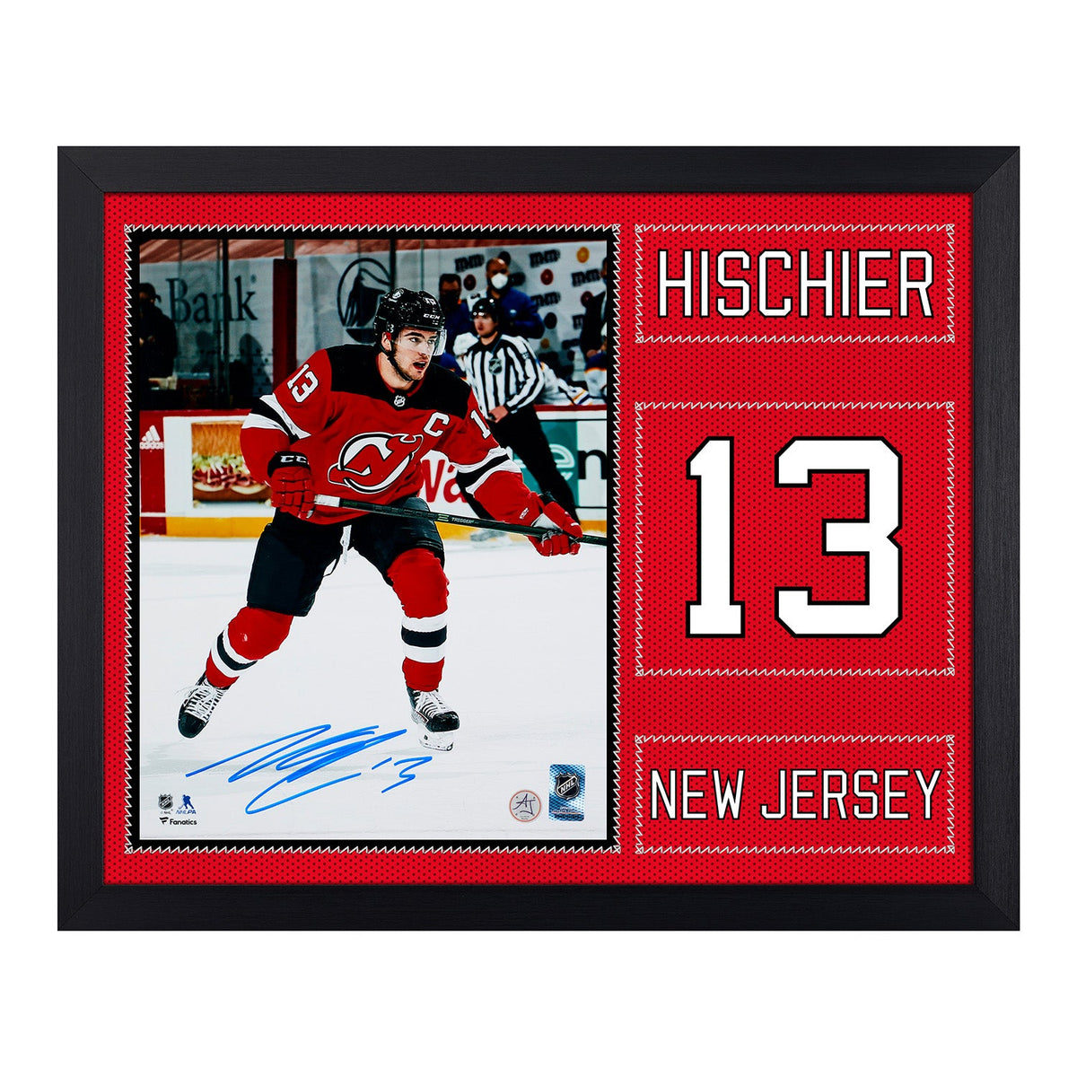 Nico Hischier Autographed New Jersey Devils Uniform Graphic 19x23 Frame product image 1, provided for visual reference and