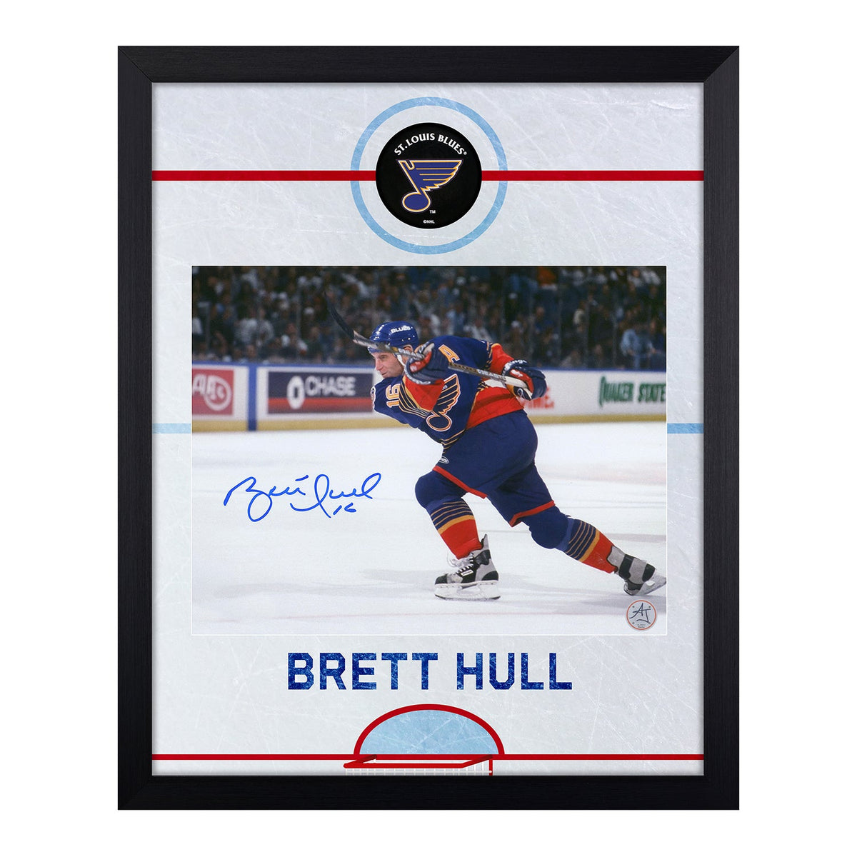 Brett Hull Autographed St Louis Blues Graphic Rink 19x23 Frame product image 1, provided for visual reference and product