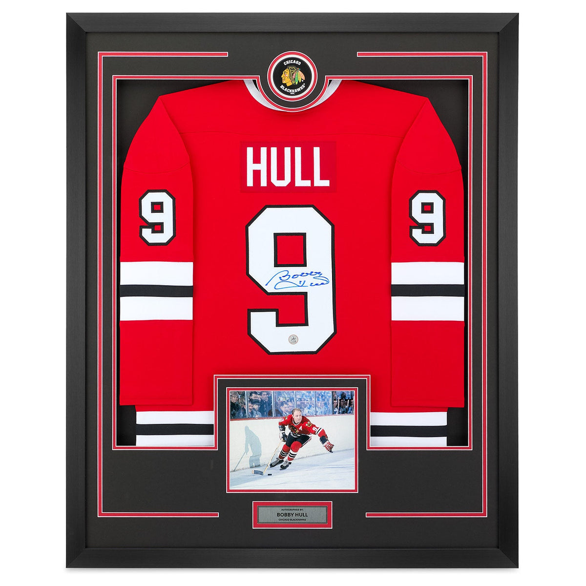 Bobby Hull Signed Chicago Blackhawks Puck Logo 36x44 Jersey Frame product image 1, provided for visual reference and product