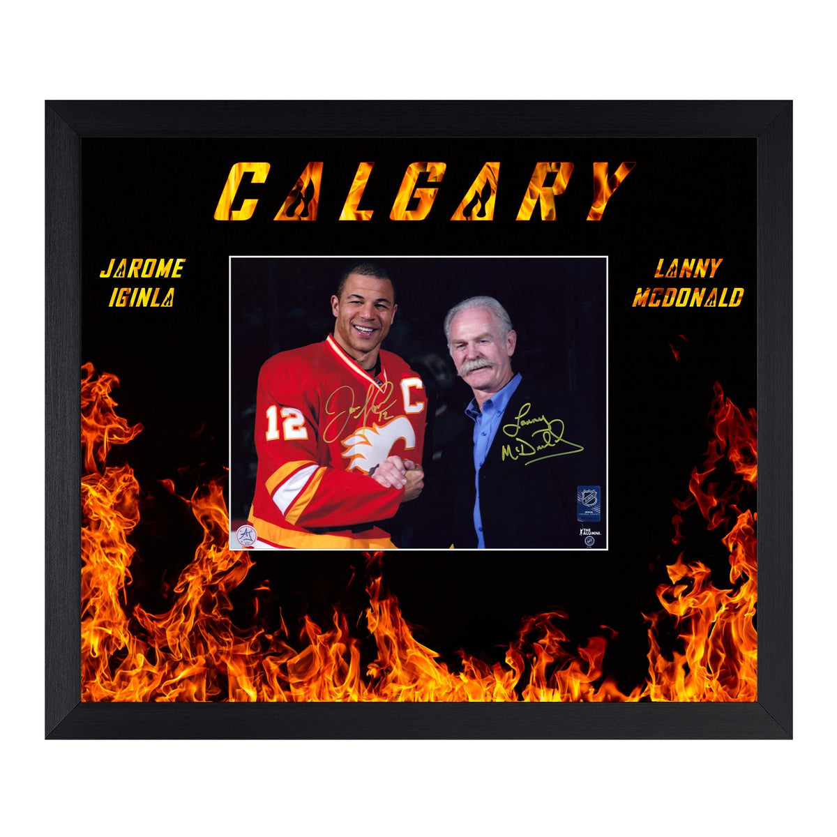 Jarome Iginla & Lanny McDonald Signed Calgary Flames Fire Graphic 23x27 Frame product image 1, provided for visual reference