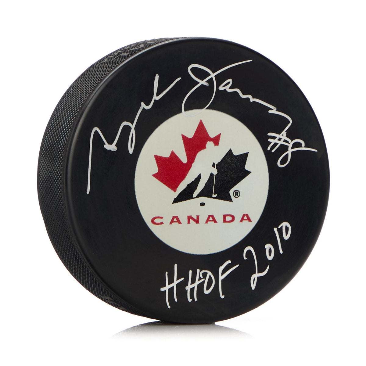 Angela James Autographed Team Canada Hockey Puck with HOF Note product image 1, provided for visual reference and product