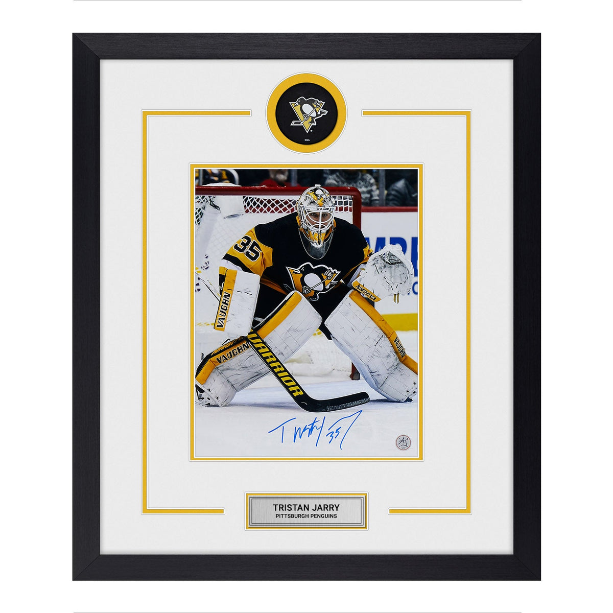 Tristan Jarry Autographed Pittsburgh Penguins Puck Logo 23x27 Frame product image 1, provided for visual reference and