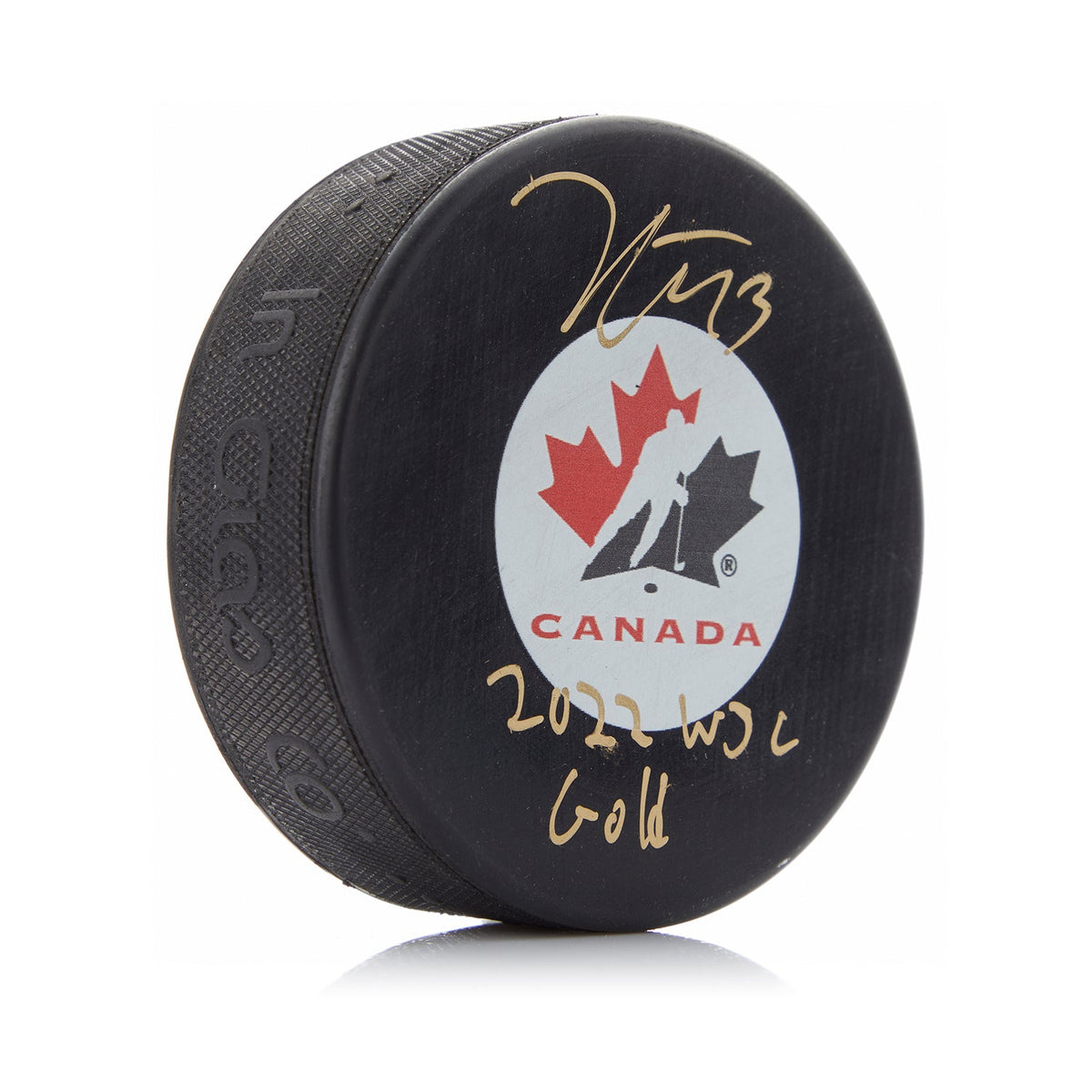 Kent Johnson Autographed Team Canada Puck with WJC Gold Note product image 1, provided for visual reference and product