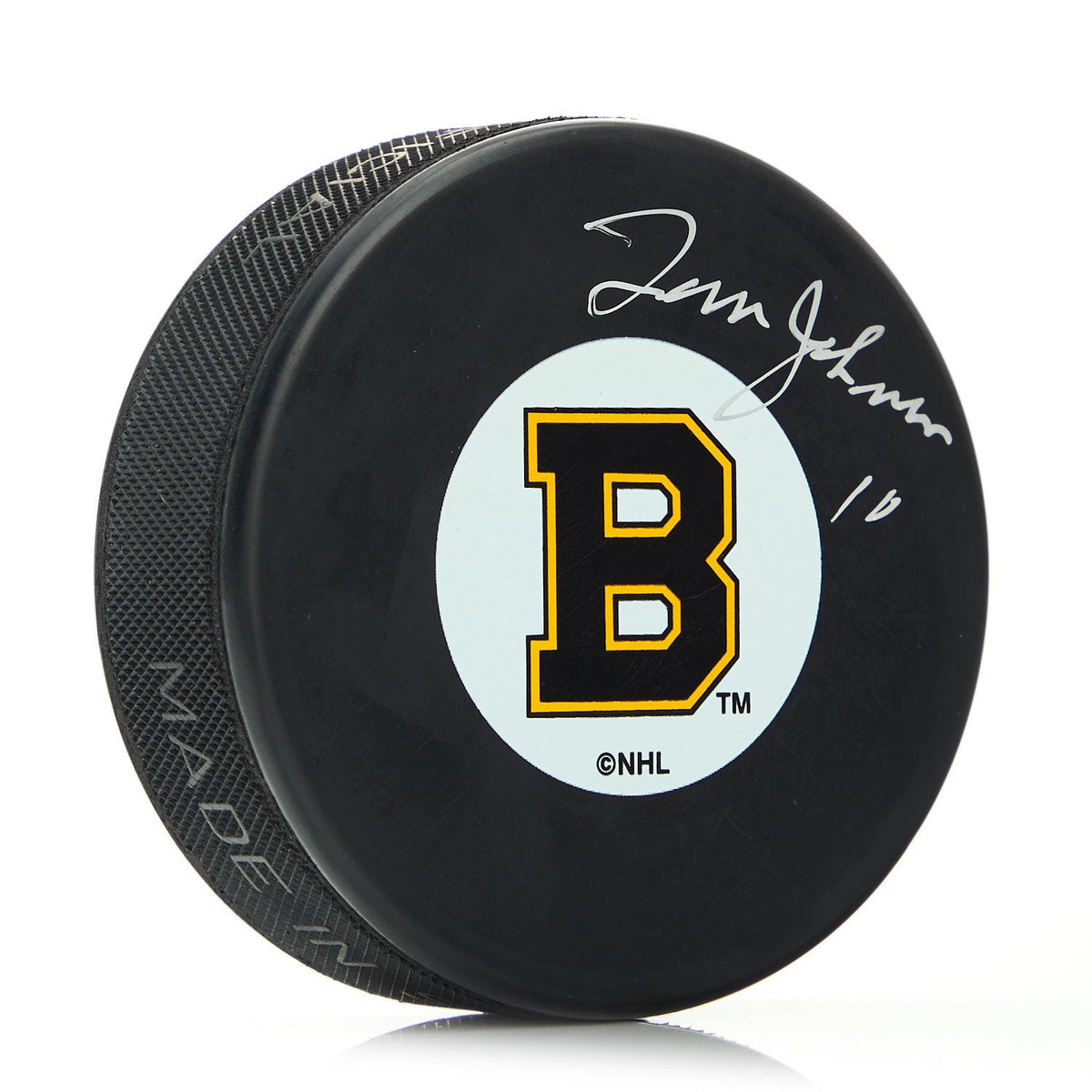 Tom Johnson Boston Bruins Autographed Original Six Logo Hockey Puck product image 1, provided for visual reference and