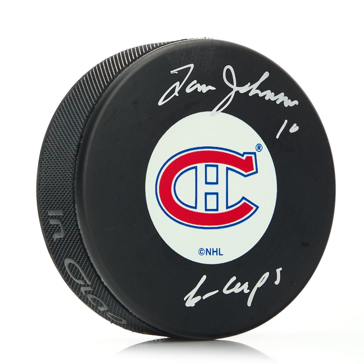 Tom Johnson Montreal Canadiens Signed Hockey Puck with 6 Cups Inscription product image 1, provided for visual reference and