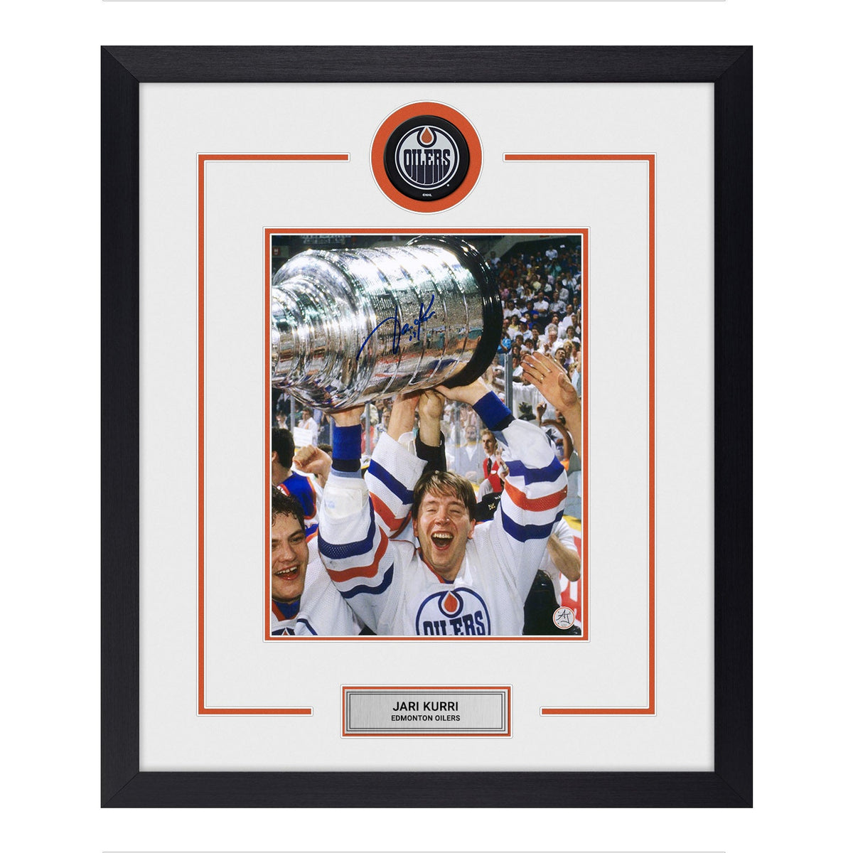 Jari Kurri Signed Edmonton Oilers Championship Puck Logo 23x27 Frame product image 1, provided for visual reference and