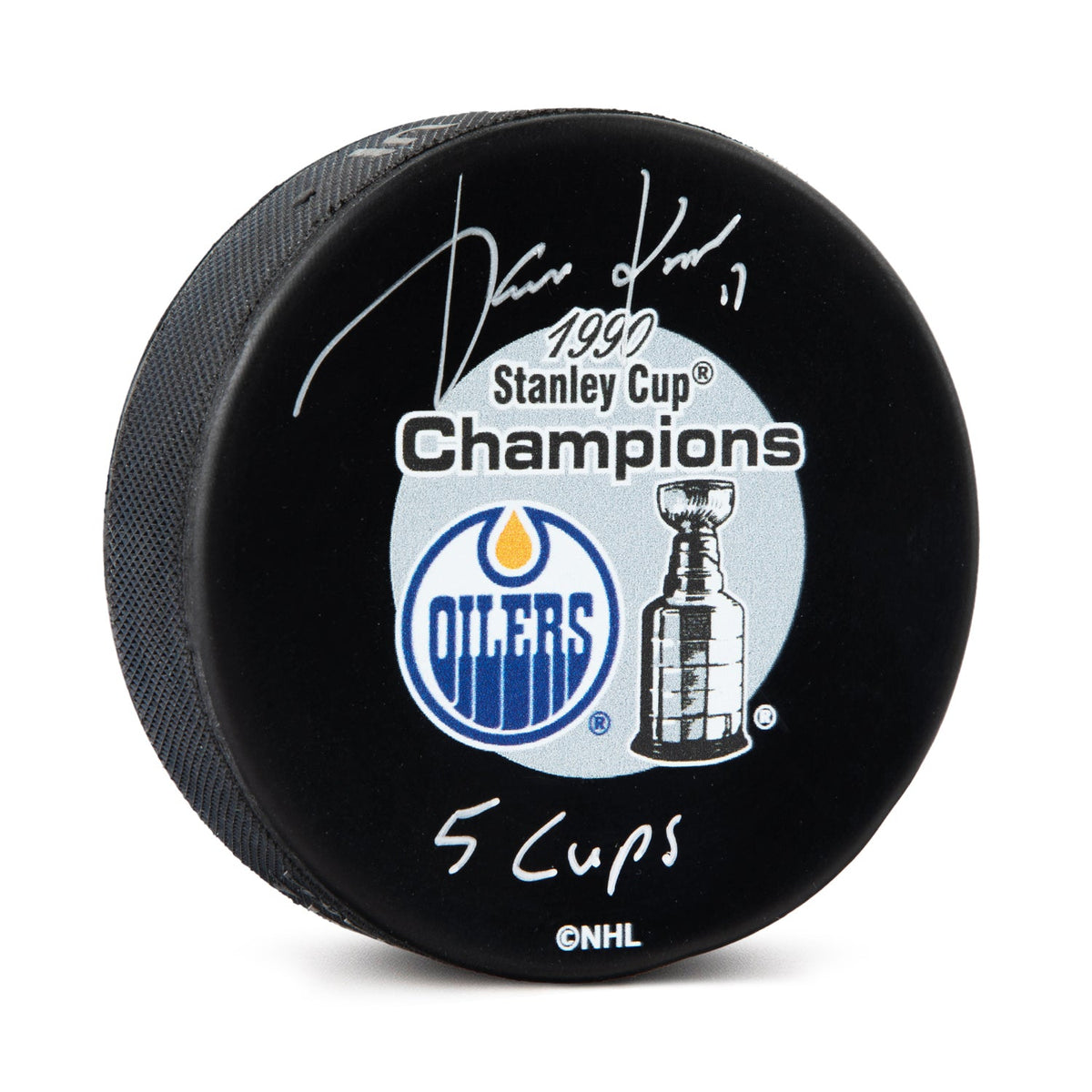 Jari Kurri Signed Edmonton Oilers 1990 Stanley Cup Puck with 5 Cups Note product image 1, provided for visual reference and