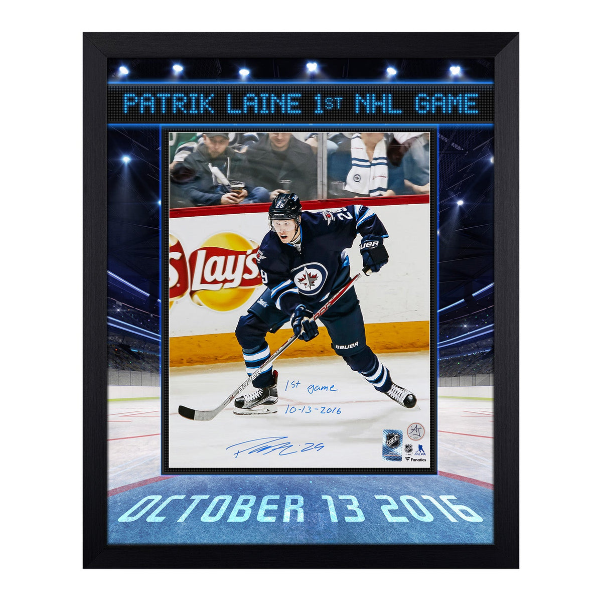 Patrik Laine Winnipeg Jets Signed & Dated 1st Game Graphic 19x23 Frame product image 1, provided for visual reference and