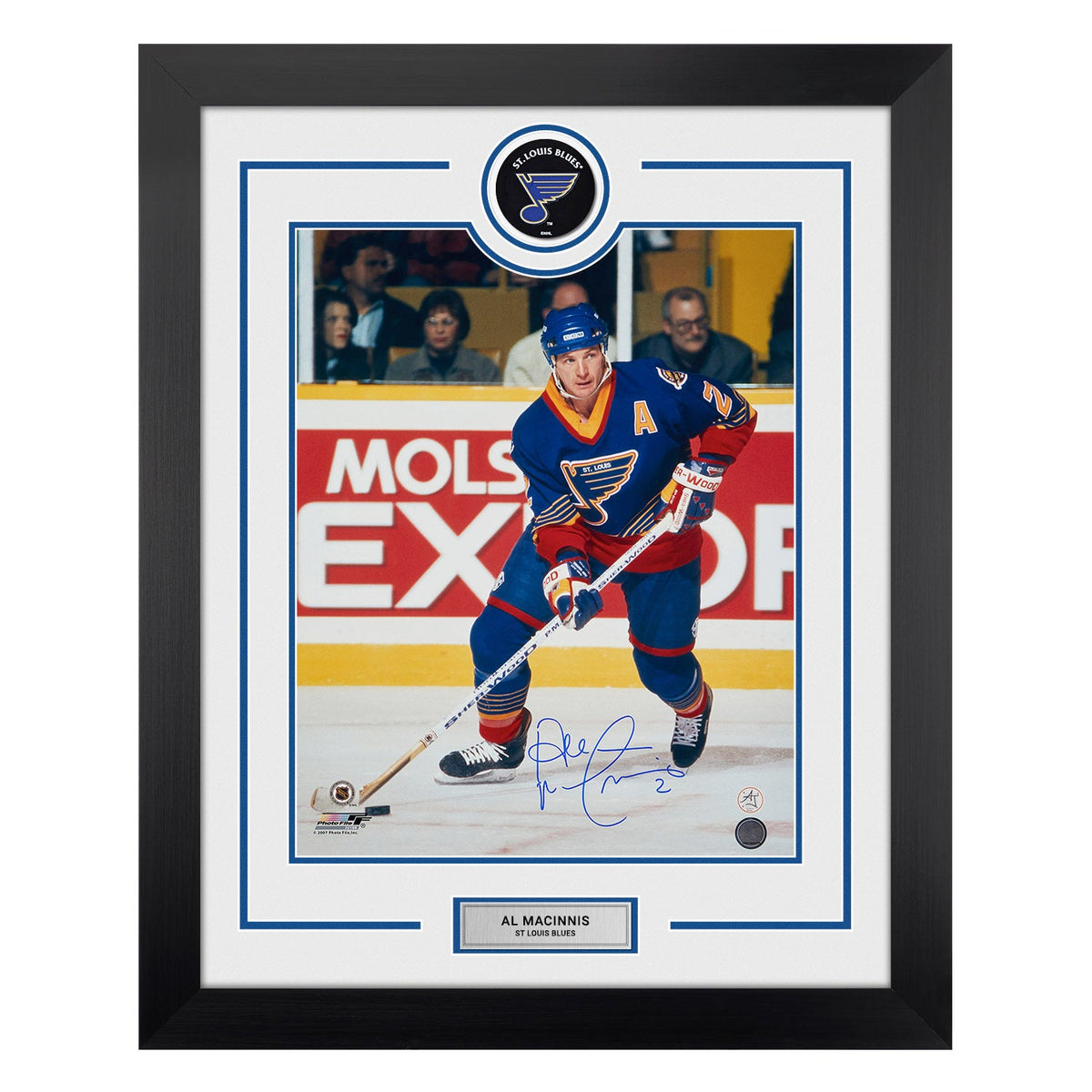 Al MacInnis Signed St Louis Blues Puck Logo 26x32 Frame product image 1, provided for visual reference and product detail