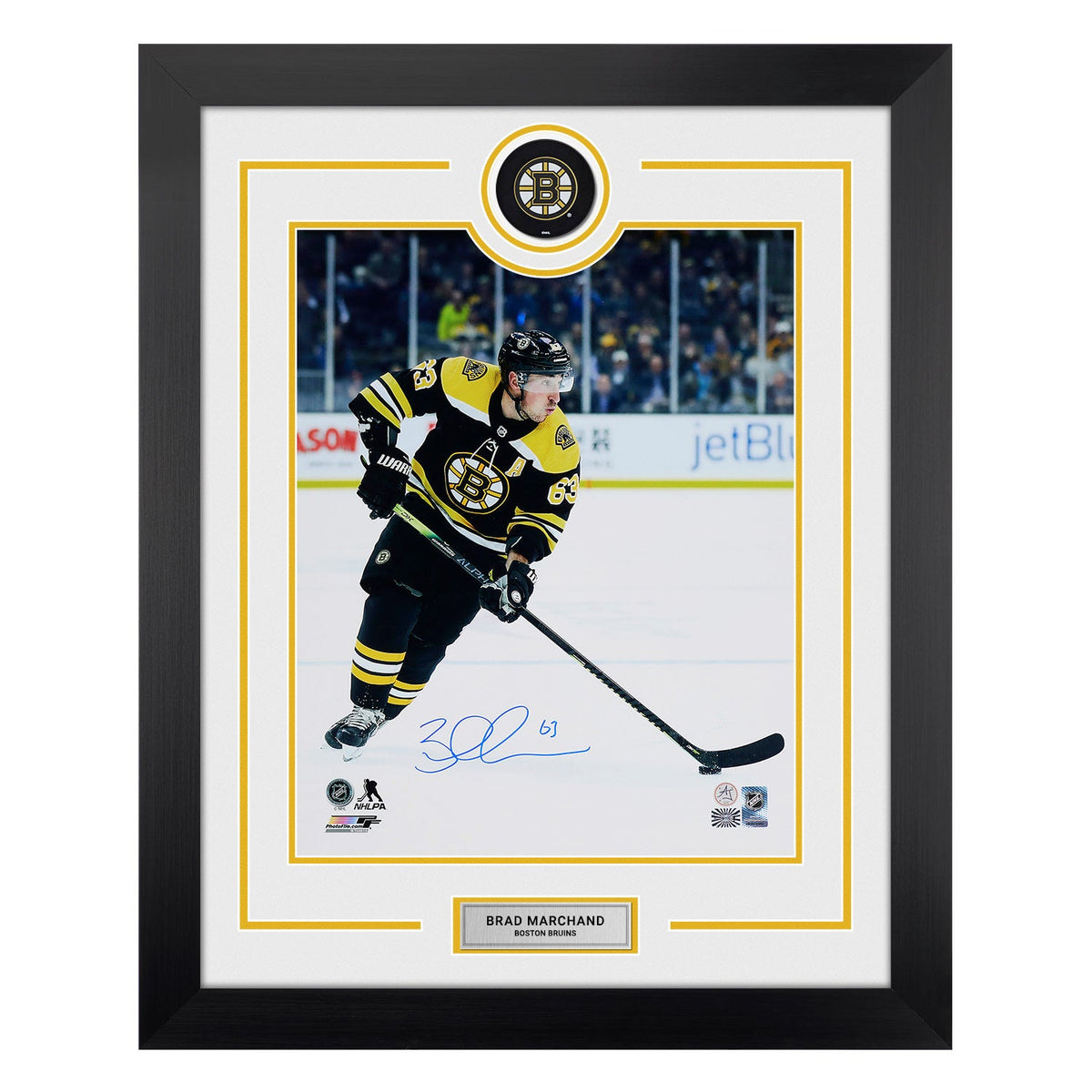 Brad Marchand Signed Boston Bruins Puck Logo 26x32 Frame product image 1, provided for visual reference and product detail