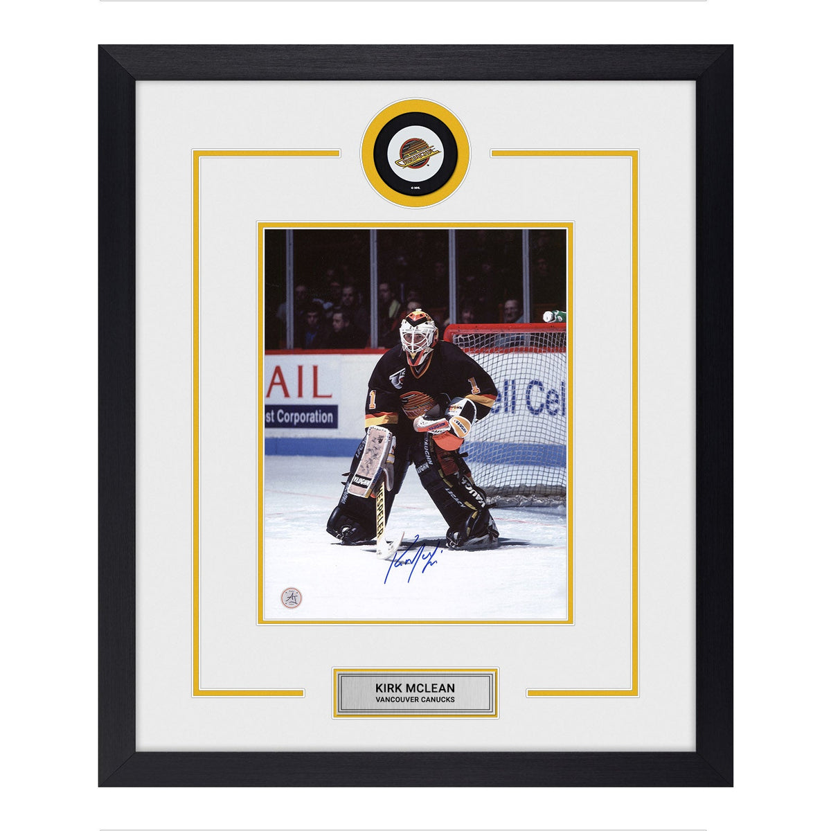 Kirk McLean Autographed Vancouver Canucks Puck Logo 23x27 Frame product image 1, provided for visual reference and product