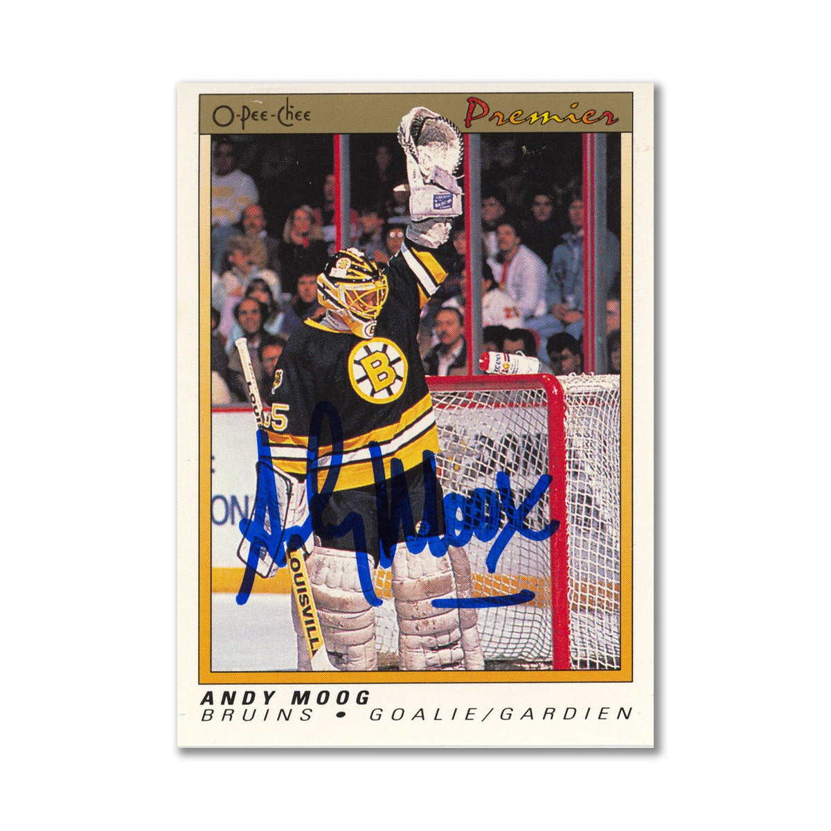 Autographed 1990-91 OPC Premier #76 Andy Moog Base Card product image 1, provided for visual reference and product detail
