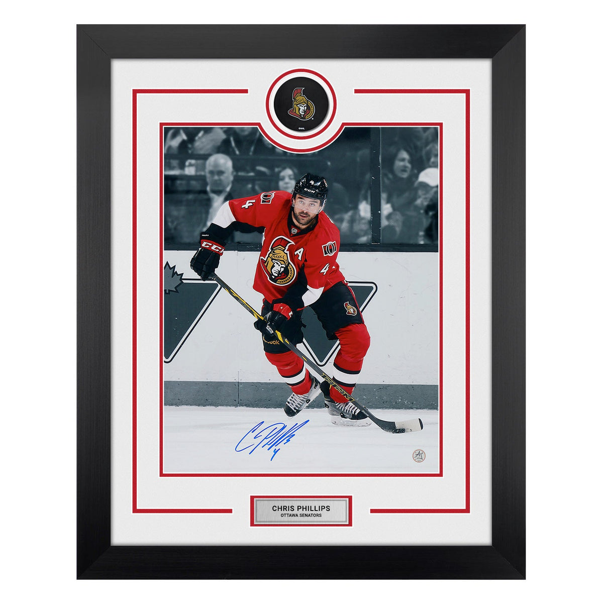 Chris Phillips Signed Ottawa Senators Puck Logo 26x32 Frame product image 1, provided for visual reference and product