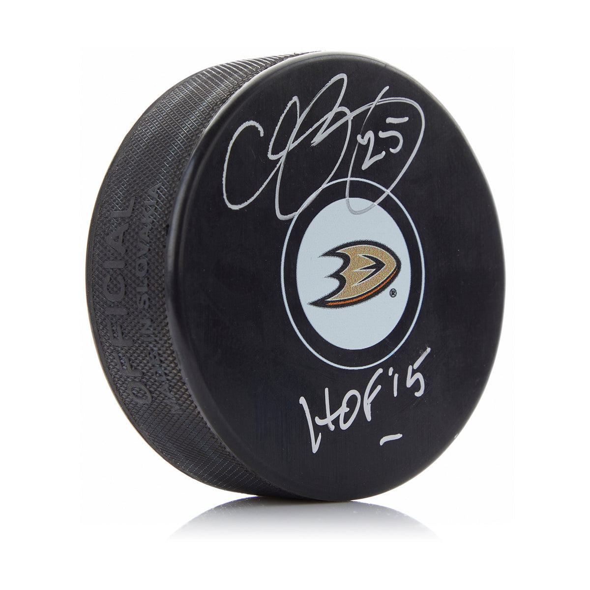 Chris Pronger Autographed Anaheim Ducks Hockey Puck with HOF Note product image 1, provided for visual reference and product