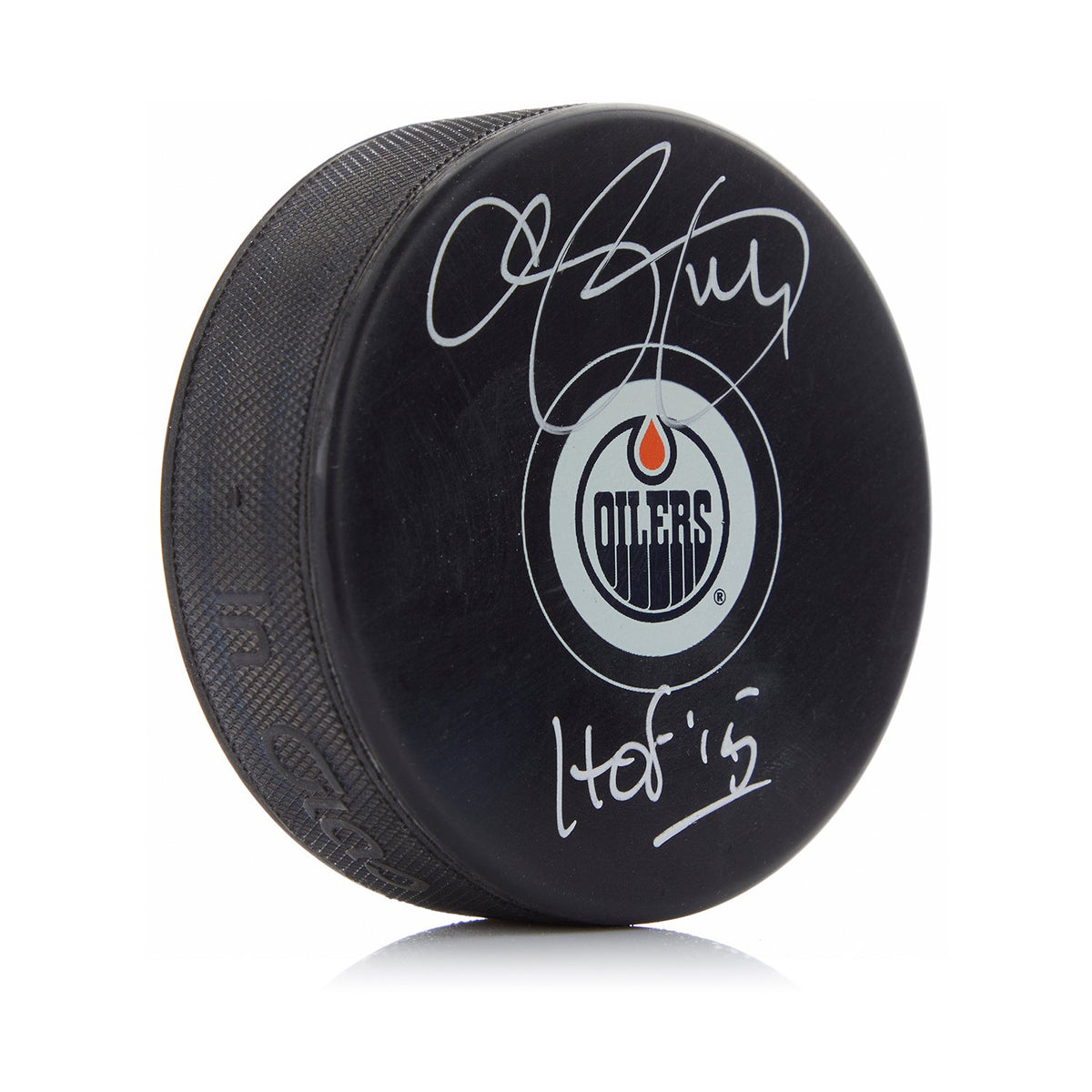 Chris Pronger Autographed Edmonton Oilers Hockey Puck with HOF Note product image 1, provided for visual reference and