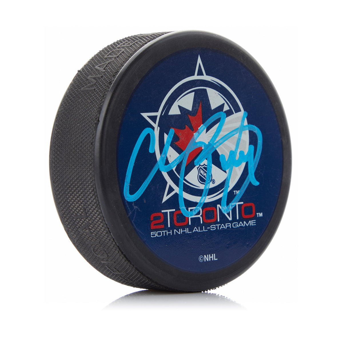 Chris Pronger Autographed 2000 NHL All-Star Game Hockey Puck product image 1, provided for visual reference and product