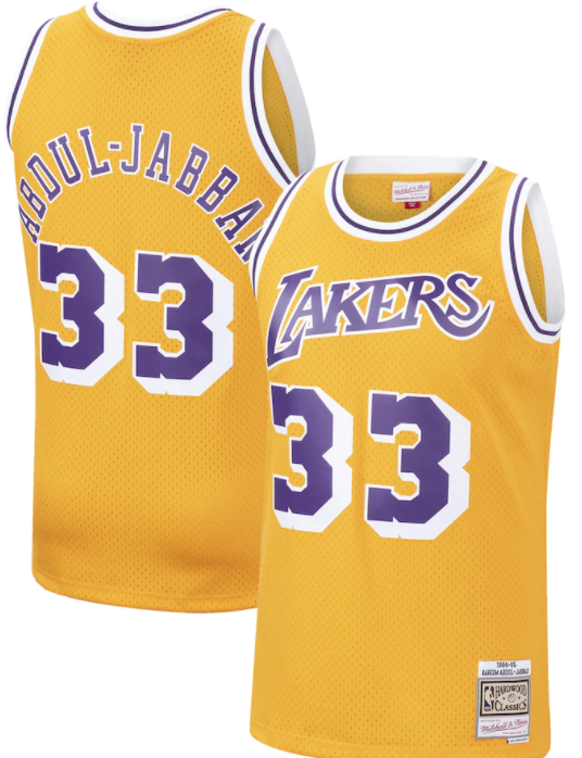 Los Angeles Lakers Kareem Abdul-Jabbar Gold 1984-85 Hardwood Classics Swingman Jersey product image 1, provided for visual