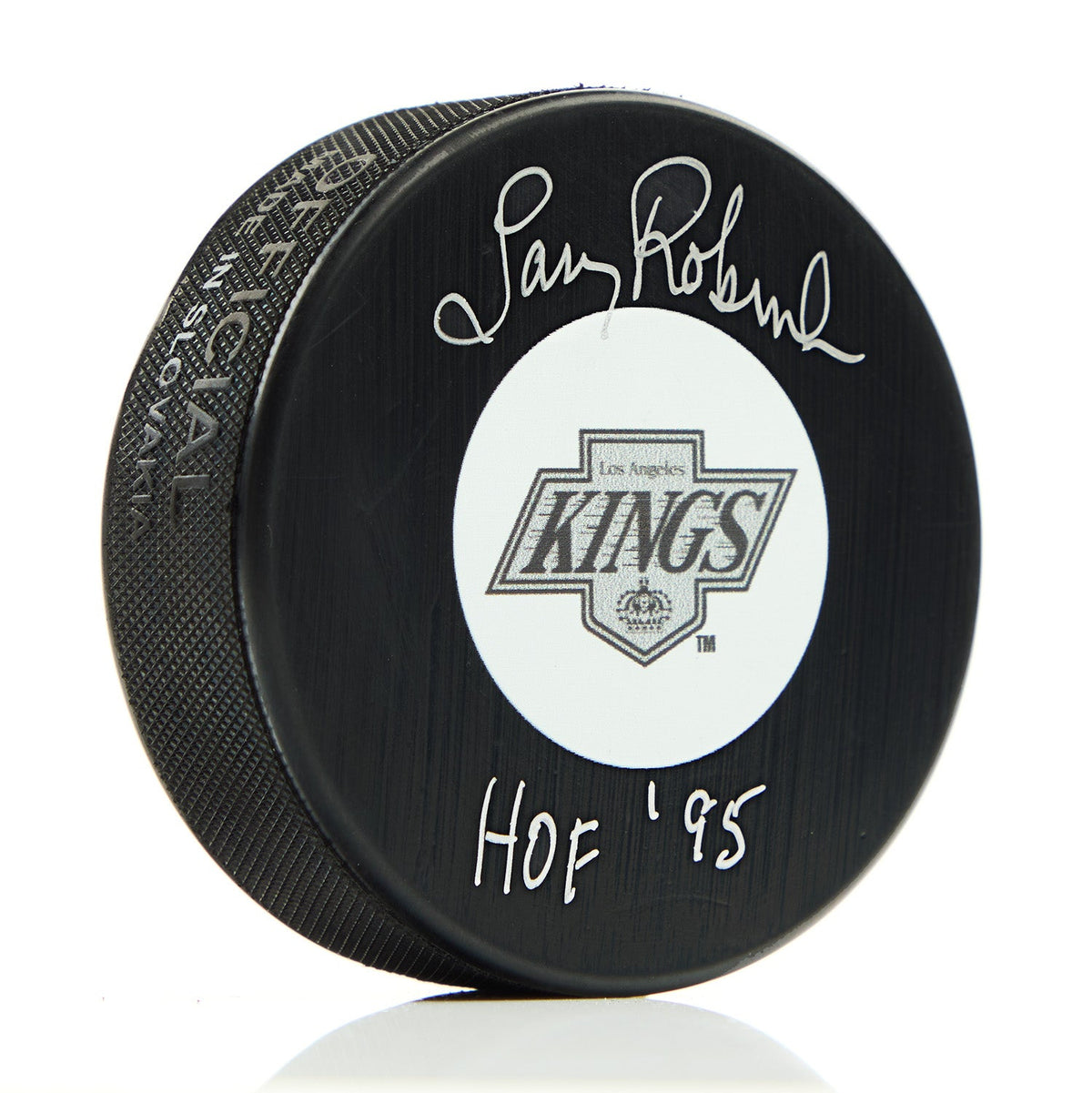 Larry Robinson Signed Los Angeles Kings Retro Logo Puck with HOF Note product image 1, provided for visual reference and