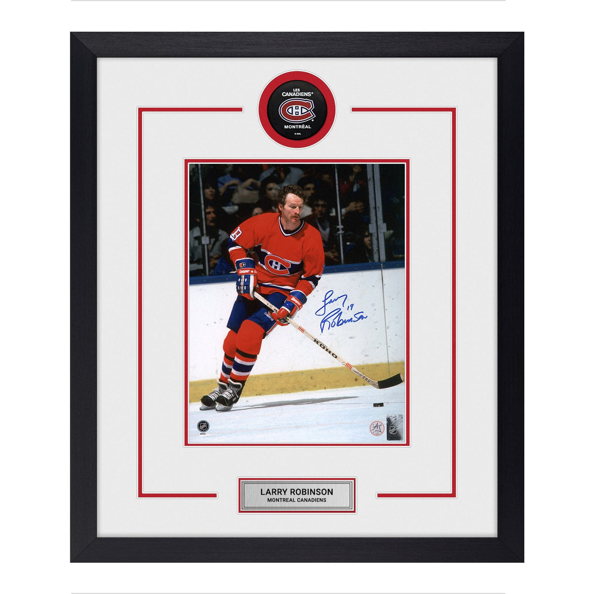 Larry Robinson Signed Montreal Canadiens Puck Logo 23x27 Frame product image 1, provided for visual reference and product