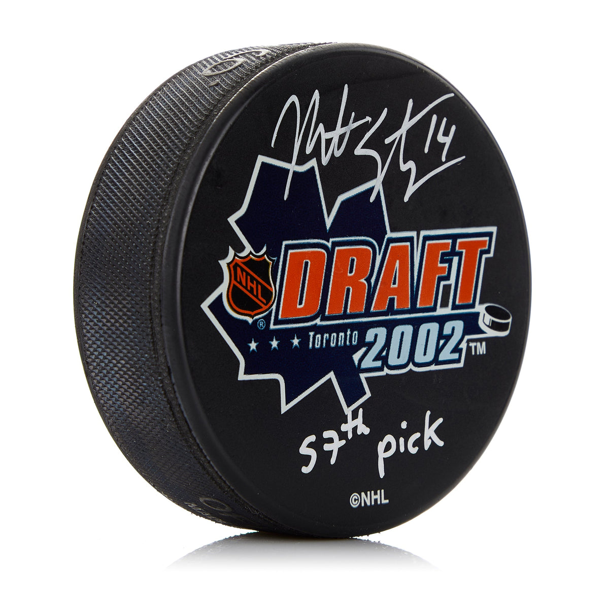 Matt Stajan Signed 2002 NHL Entry Draft Puck with 57th Pick Note product image 1, provided for visual reference and product