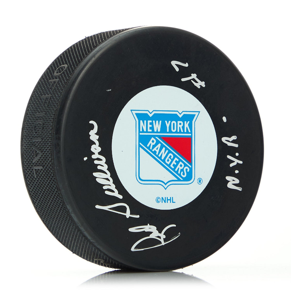 Red Sullivan New York Rangers Autographed Hockey Puck product image 1, provided for visual reference and product detail