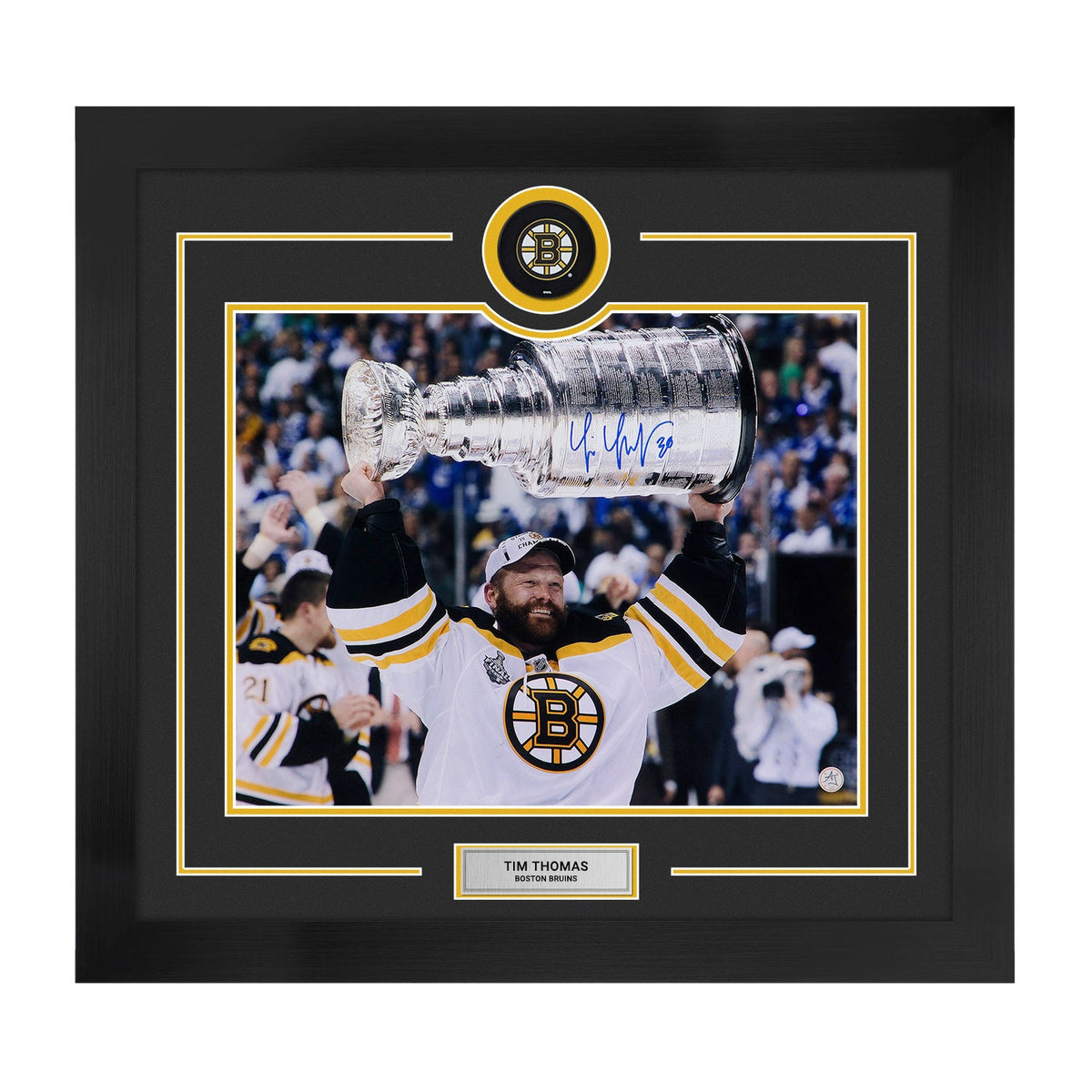Tim Thomas Signed Boston Bruins Stanley Cup Puck Logo 28x30 Frame product image 1, provided for visual reference and product