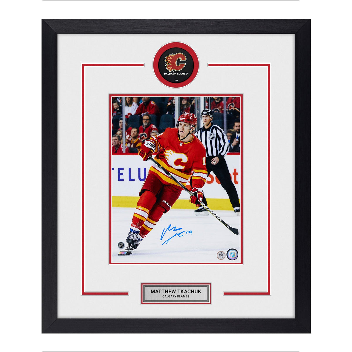 Matthew Tkachuk Autographed Calgary Flames Puck Logo 23x27 Frame product image 1, provided for visual reference and product