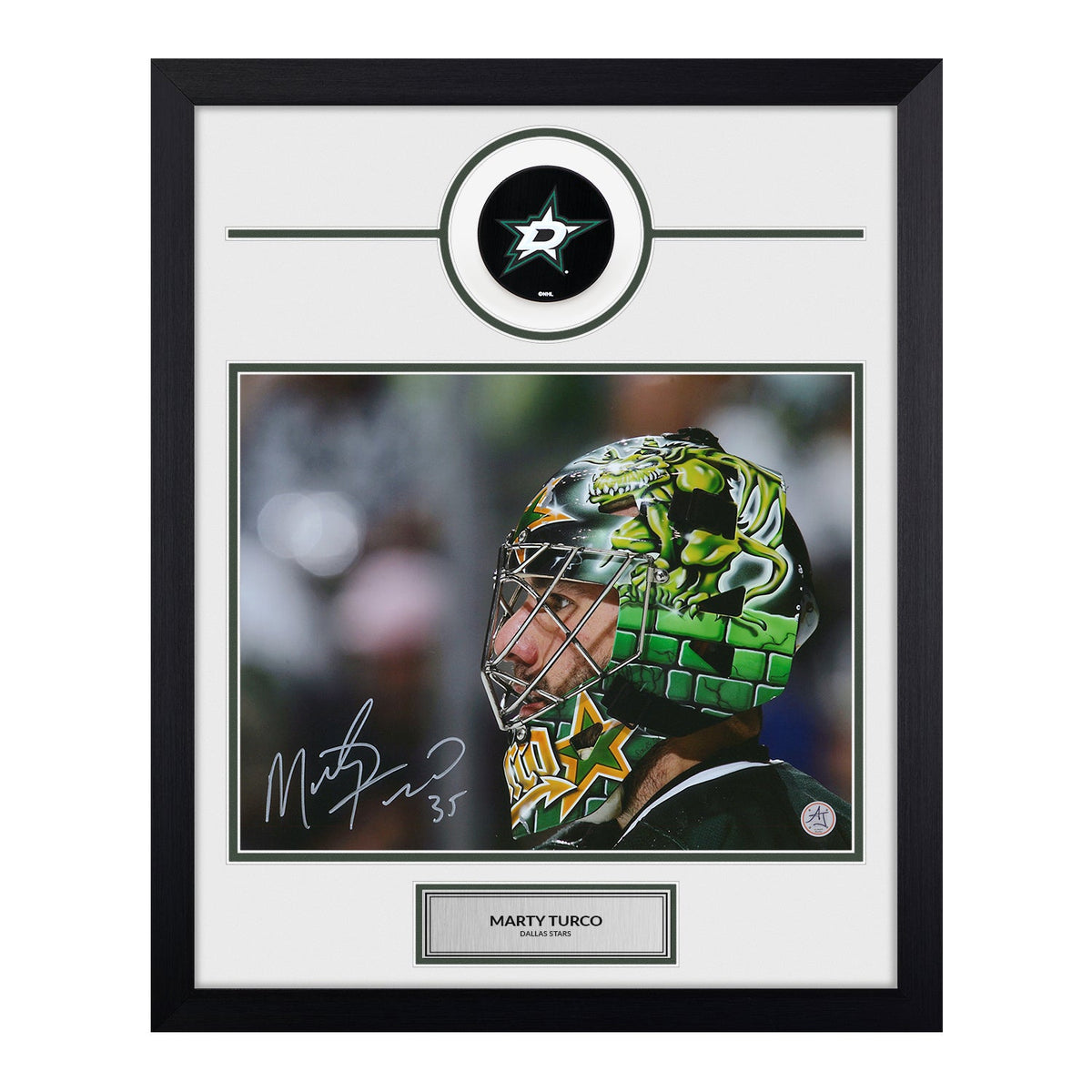 Marty Turco Autographed Dallas Stars Puck Logo 19x23 Frame product image 1, provided for visual reference and product detail