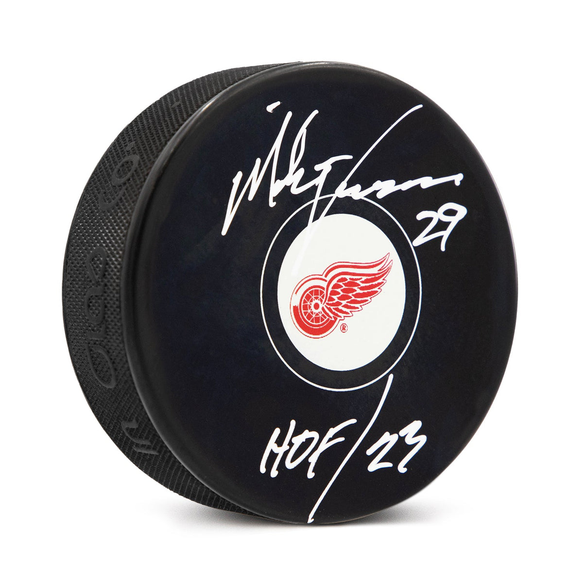 Mike Vernon Autographed Detroit Red Wings Hockey Puck with HOF Note product image 1, provided for visual reference and